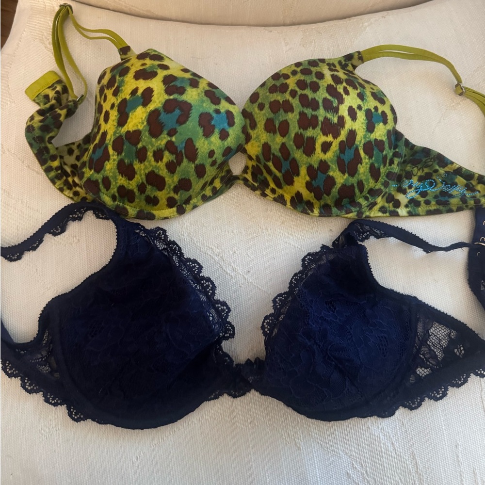 Victoria’s Secret Blue Lace & Very Sexy Animal Print Push Up Bras 36C Qty 2 set